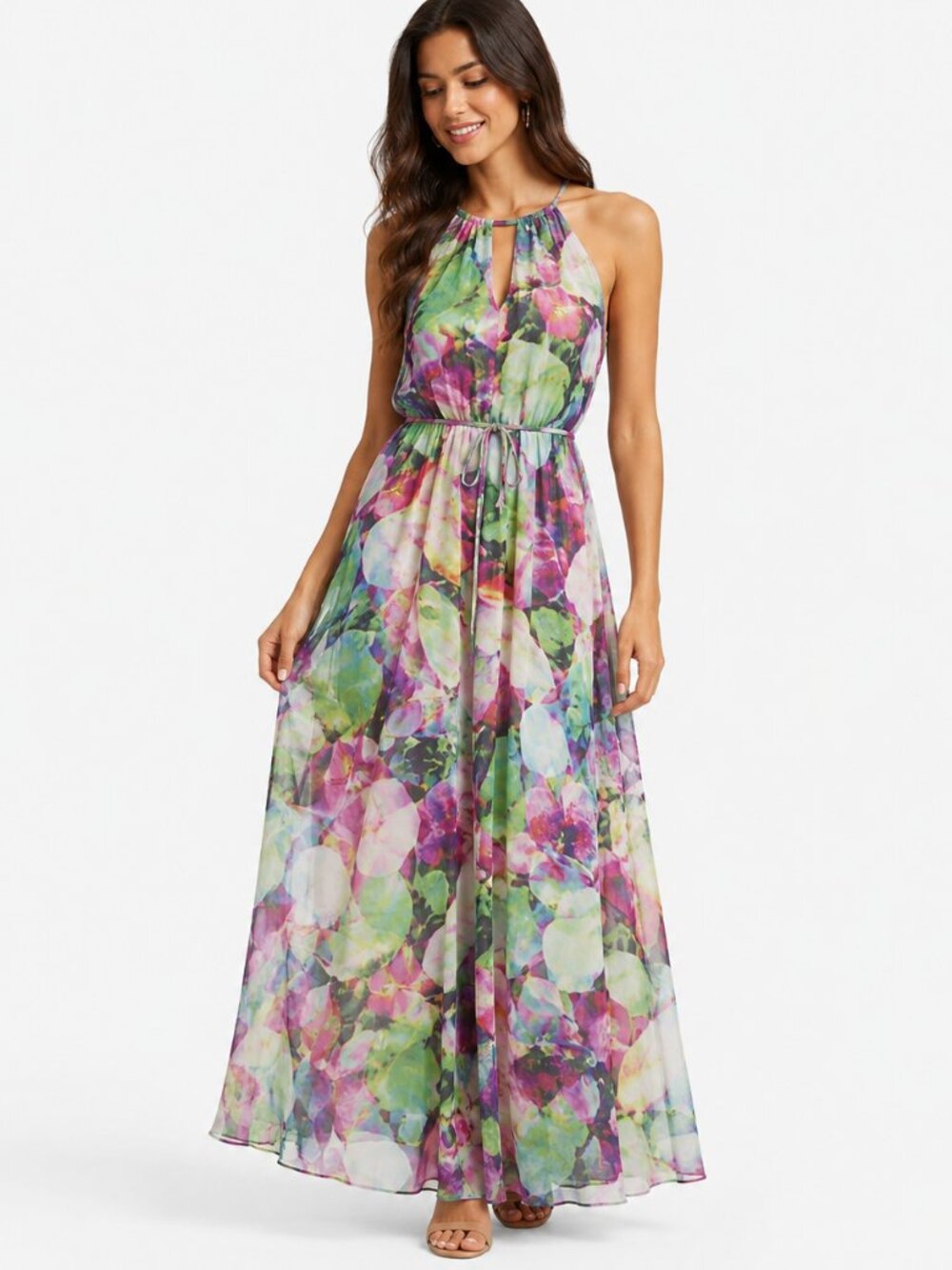 Maggy London Floral Chiffon Maxi Dress Women Size 2 Multicolor Lined A Line Read